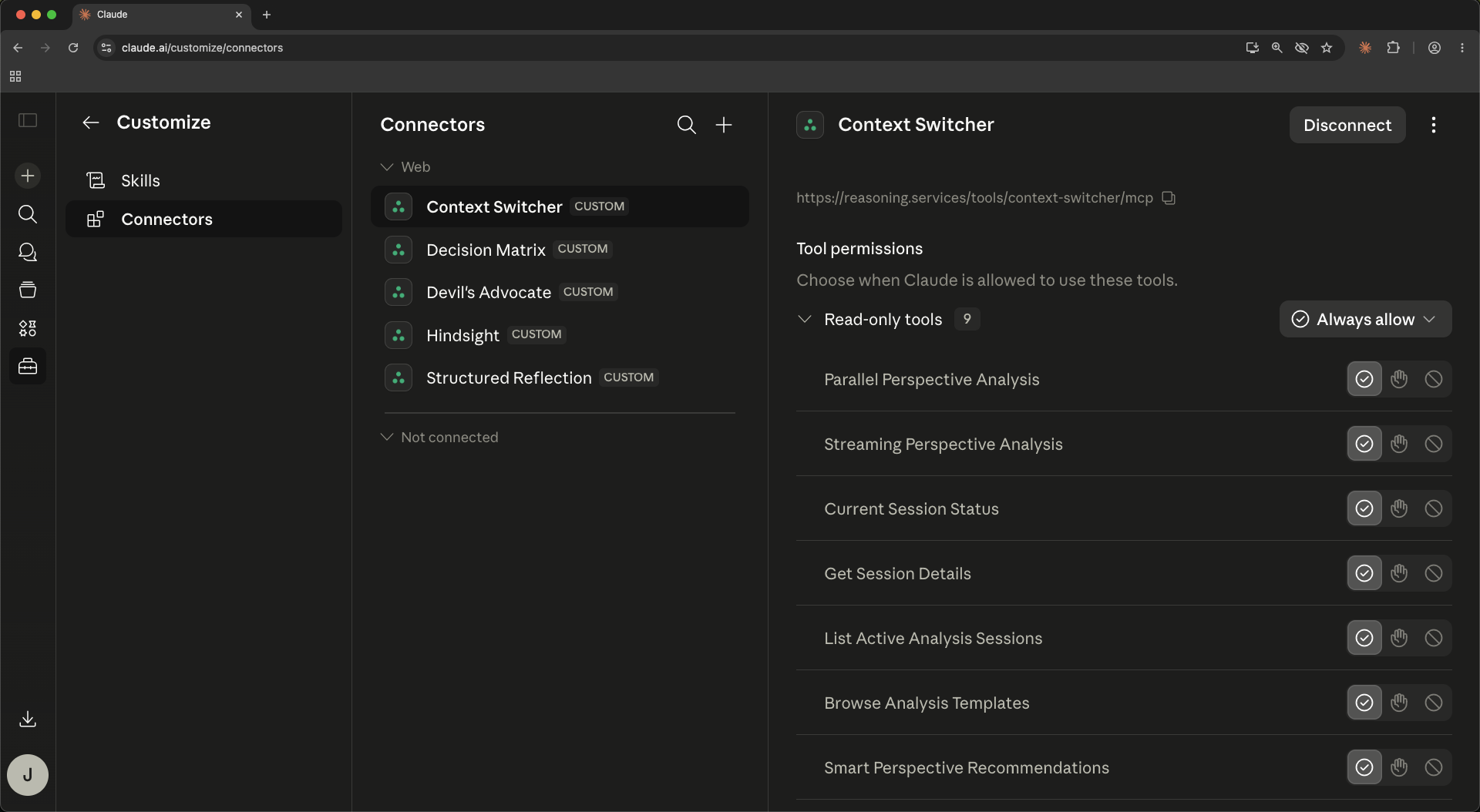 Claude.ai Connectors page showing Web and Not connected groups