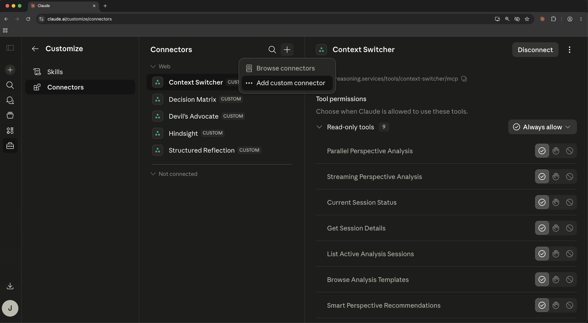 Menu showing Browse connectors and Add custom connector options