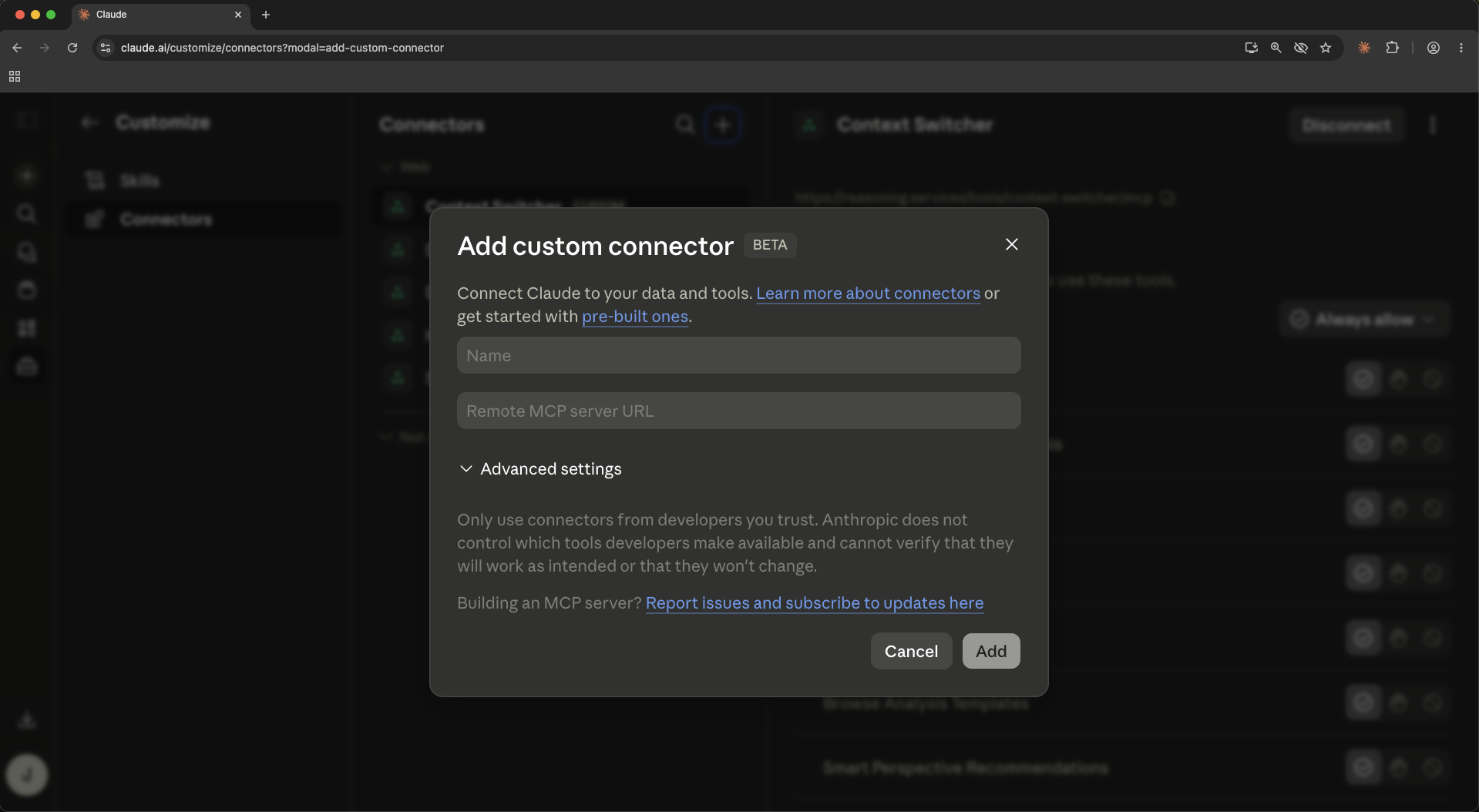 Add custom connector modal with two empty input fields
