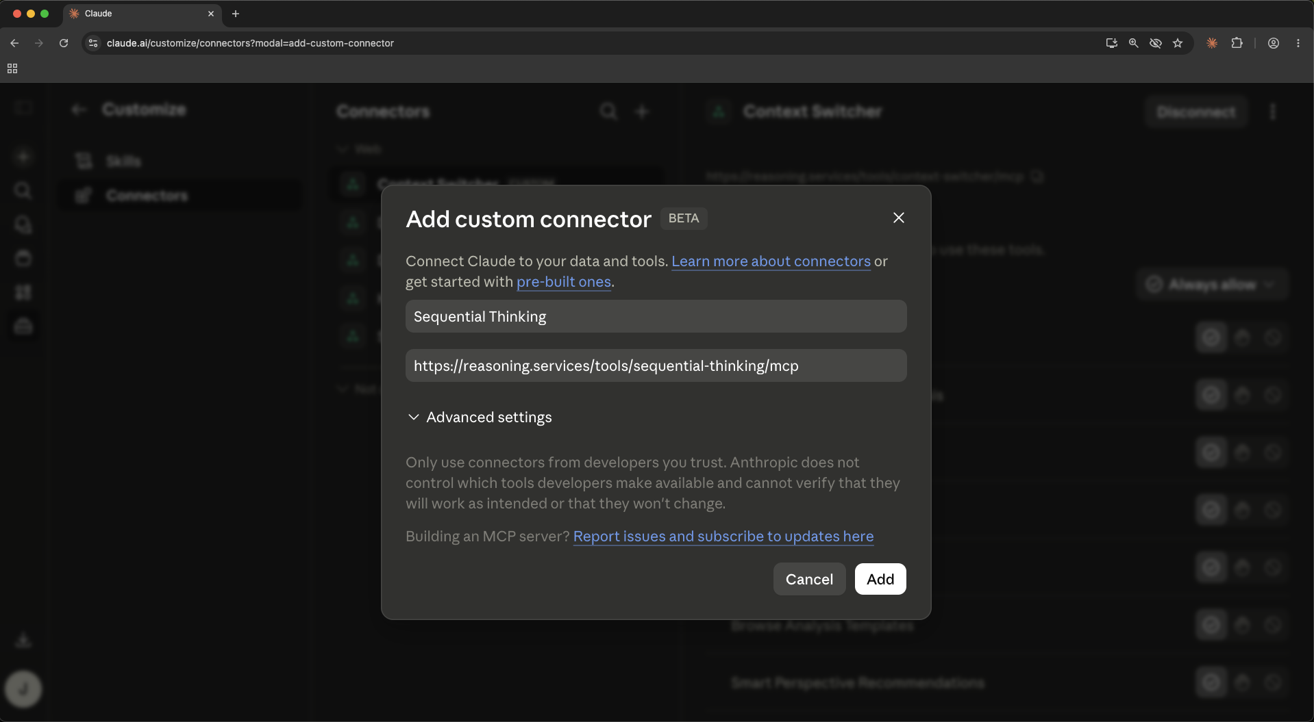 Add custom connector modal with Name and Remote MCP server URL fields filled