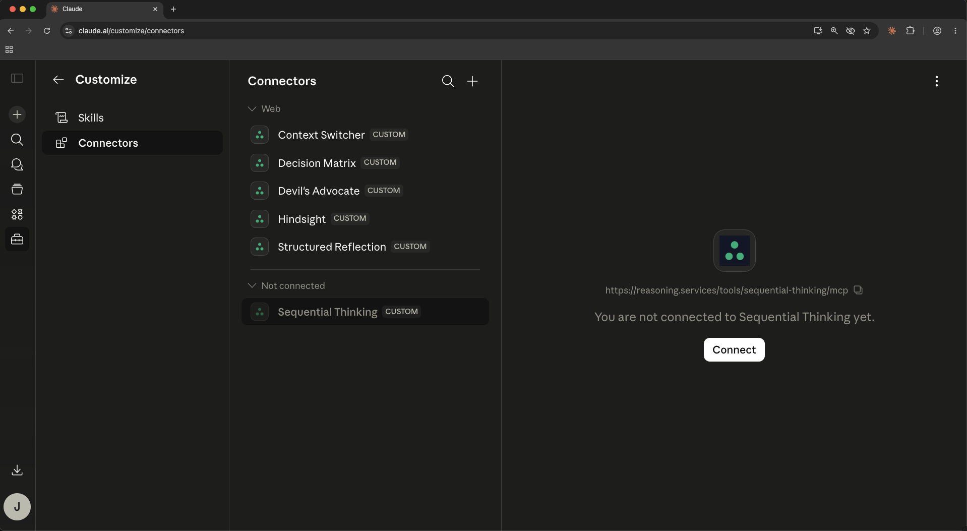 Connector panel showing new connector in the Not connected group with Connect button visible