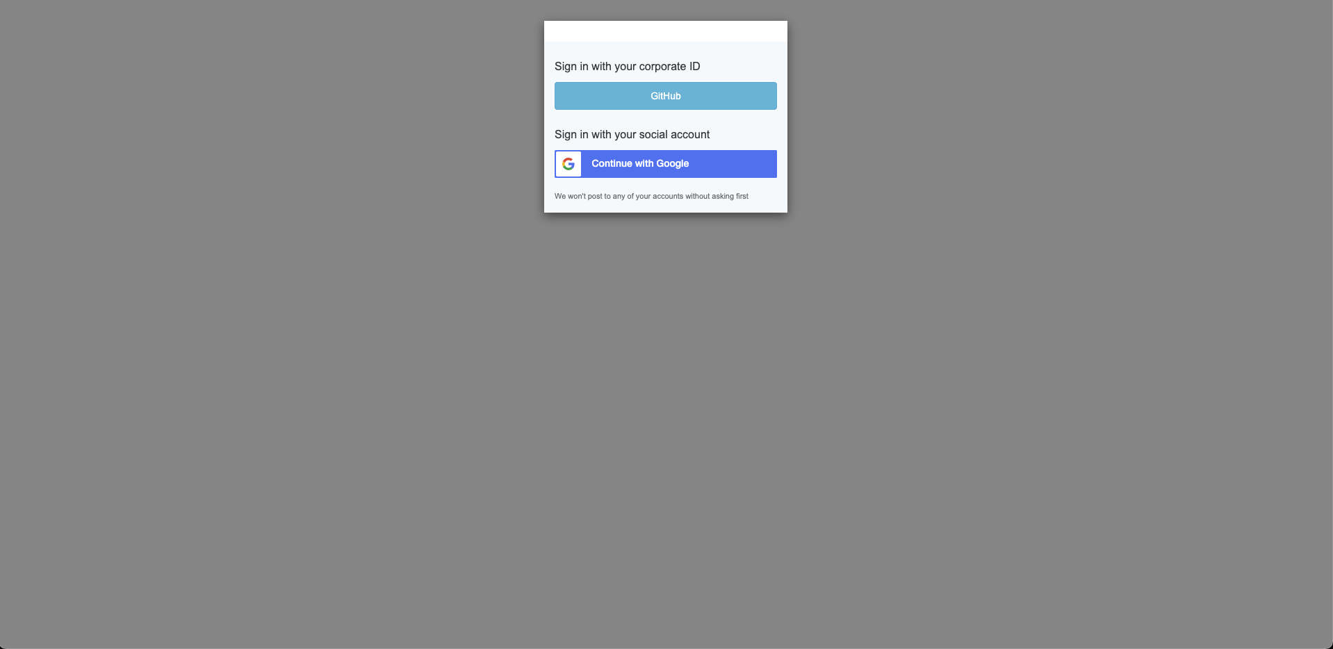 OAuth sign-in popup showing Sign in with GitHub and Continue with Google options
