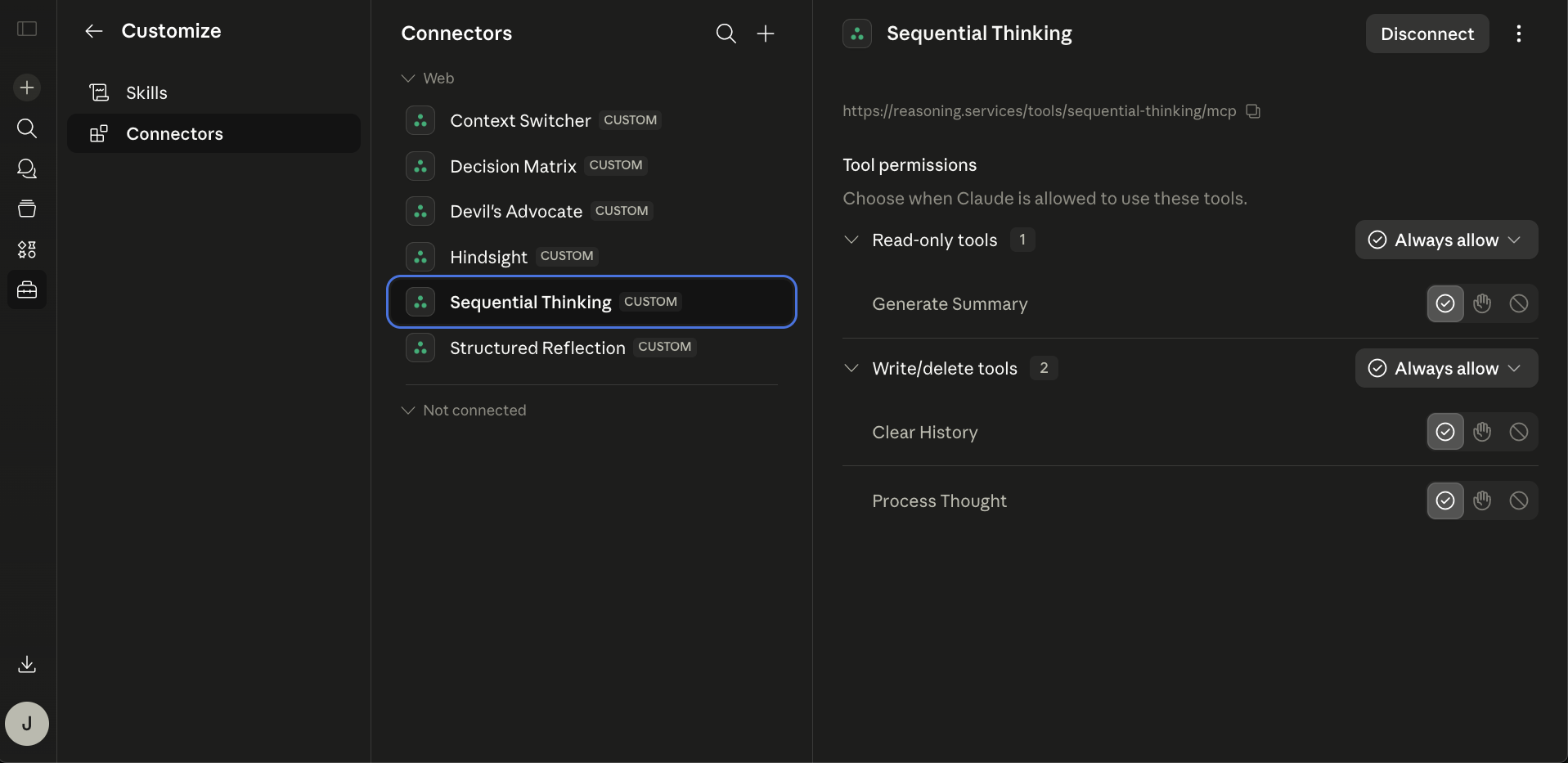 Connector panel showing connector moved to the Web group with tool permission list visible