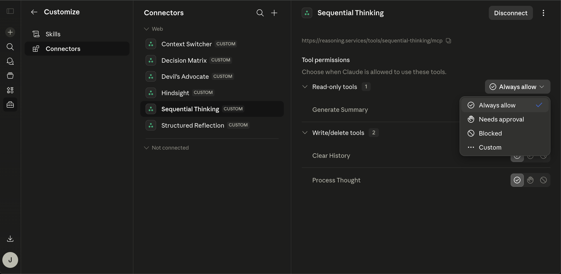 Permission dropdown showing Always allow (selected), Needs approval, Blocked, and Custom