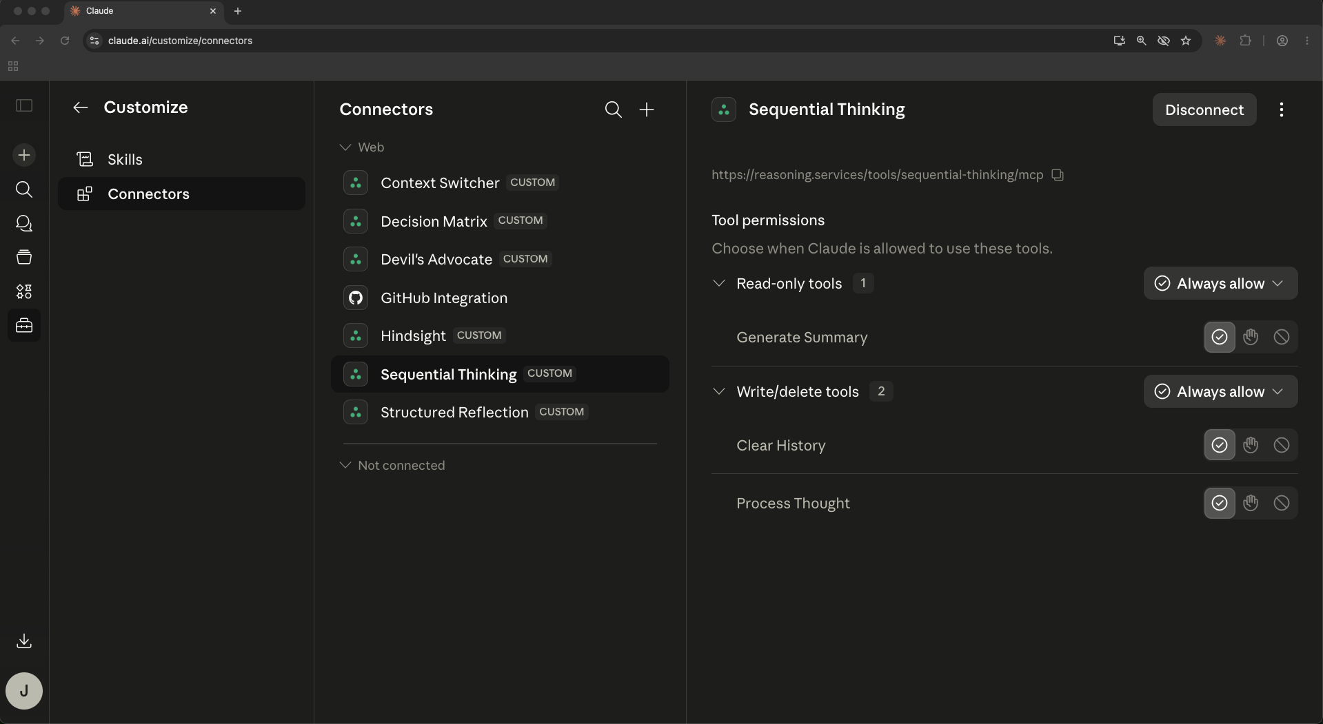 Connector panel showing an active connector in the Web group with Connect and kebab menu visible