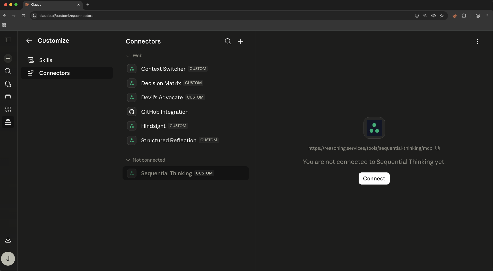 Connector panel showing the connector moved to the Not connected group