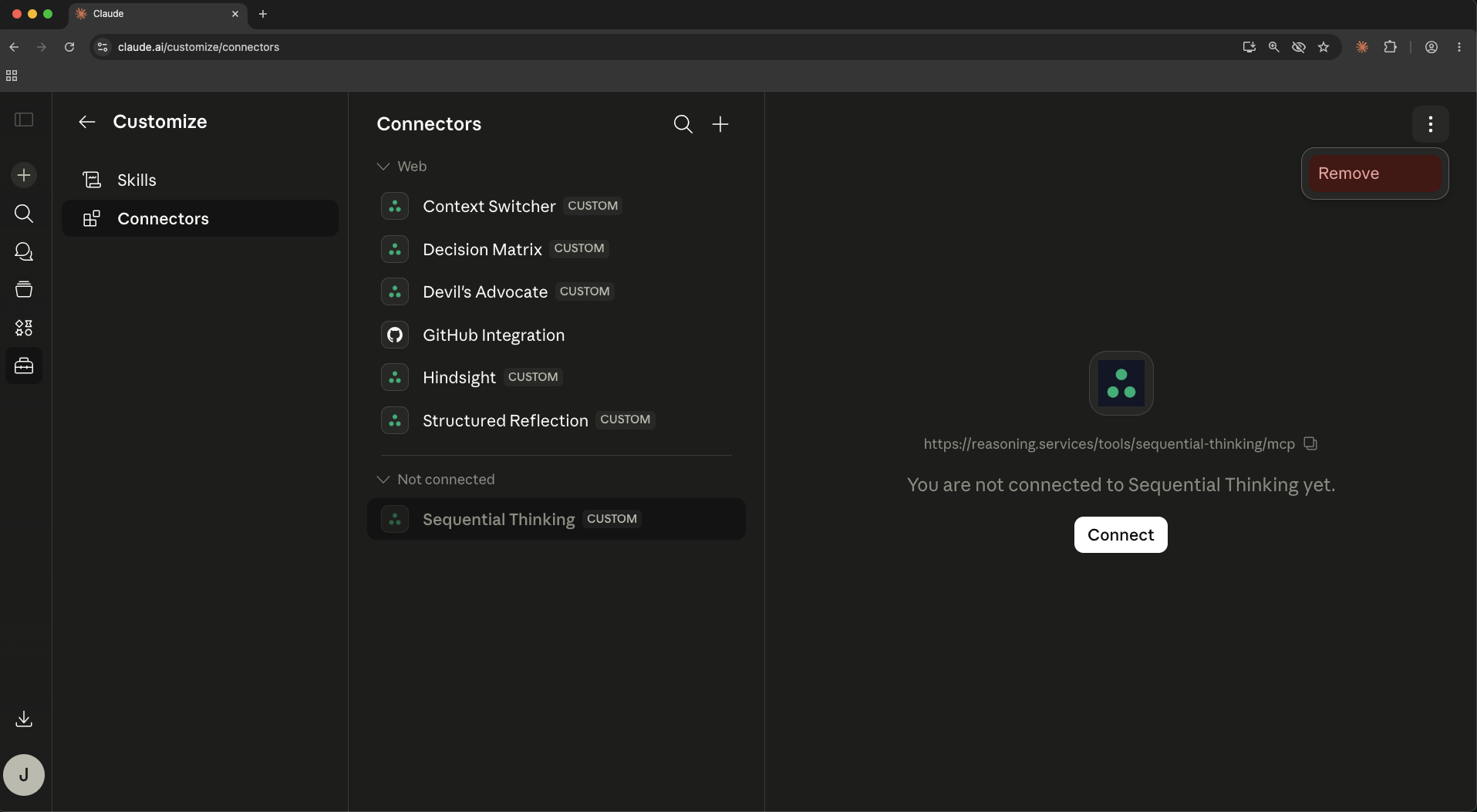 Kebab menu open showing Disconnect and Remove options